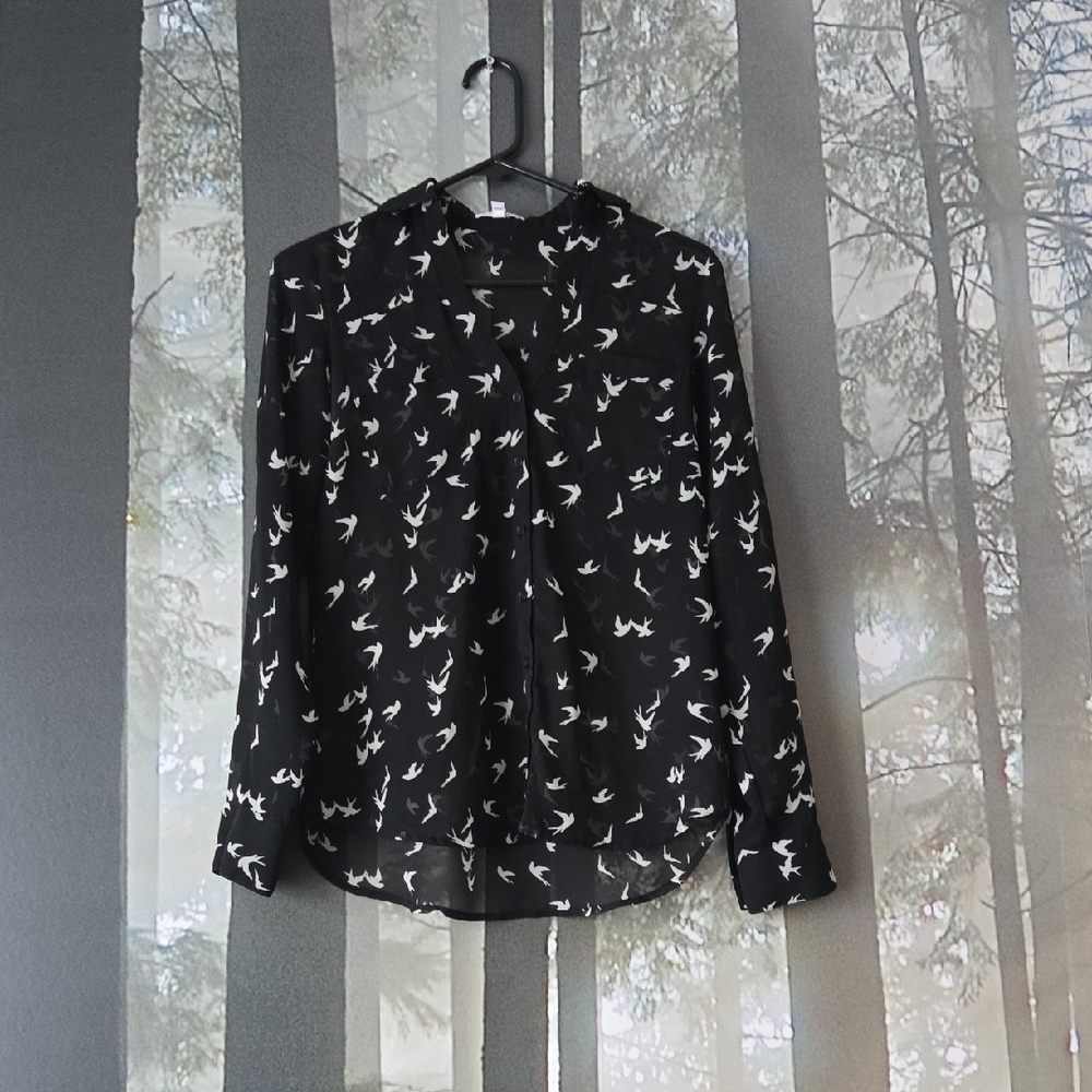 Express Sheer Long Sleeve Button Down Shirt Black and White Birds